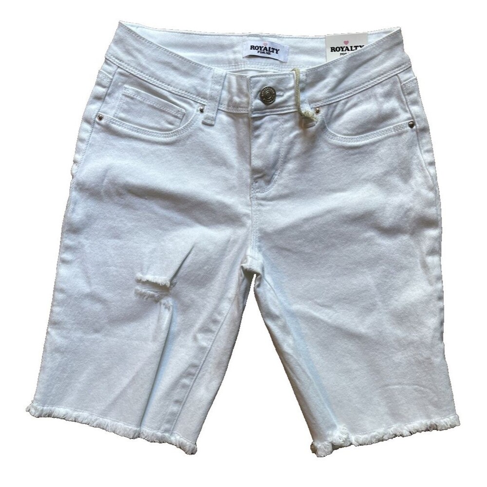 Royalty For Me Jean Shorts Mid-Rise Distressed Stretch Frayed Hems White Size 10